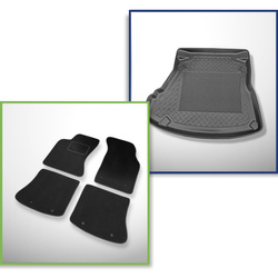 Sada: velurové koberečky + rohož do zavazadlového prostoru pro Audi A4 I B5 (1995-10.2001) 4 dveří - Standard - rozkládací zadní lavicové sedadlo; bez CD / navigace zleva