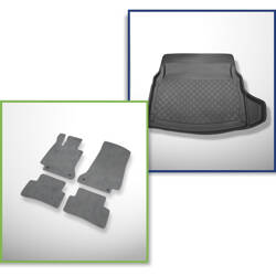 Sada: velurové koberečky + rohož do zavazadlového prostoru pro Mercedes-Benz Třída C W205 (03.2014-11.2020) 4 dveří - Guardliner - zadní rozkládací sedadla (dělená); levý odnímatelný výklenek u modelů s boční síťkou