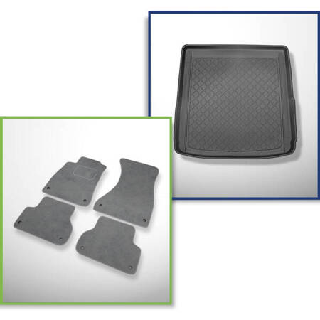 Sada: velurové koberečky + rohož do zavazadlového prostoru pro Audi A4 B9 (11.2015-....) 5 dveří - Guardliner - také pro modely s upevňujícími kolejnicemi; také pro verzi Quattro