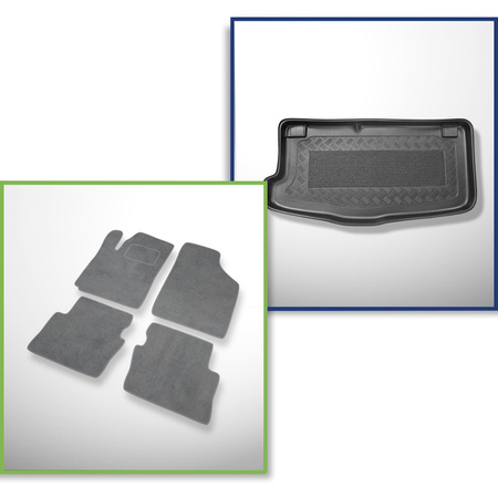 Sada: velurové koberečky + rohož do zavazadlového prostoru pro Hyundai i10 I PA (2008-2012) 5 dveří - Standard - spodní zavazadlový prostor: s dojezdovým rezervním kolem nebo opravárenskou sadou