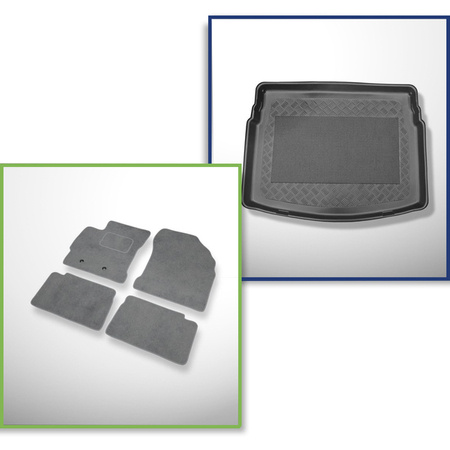 Sada: velurové koberečky + rohož do zavazadlového prostoru pro Toyota Auris II (01.2013-12.2018) 5 dveří - Standard - s dvojitou podlahou zavazadlového prostoru (na horní a dolní zavazadlový prostor); také pro hybridy